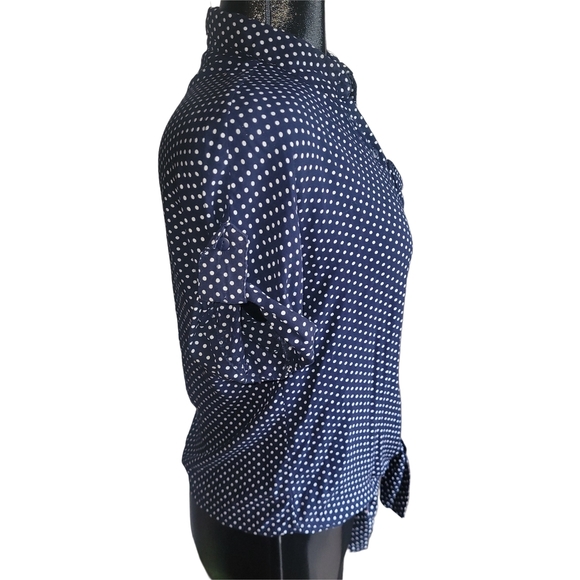 Love Notes Navy Blue Polka Dot Short Sleeve Button Up Top S - Picture 3 of 6
